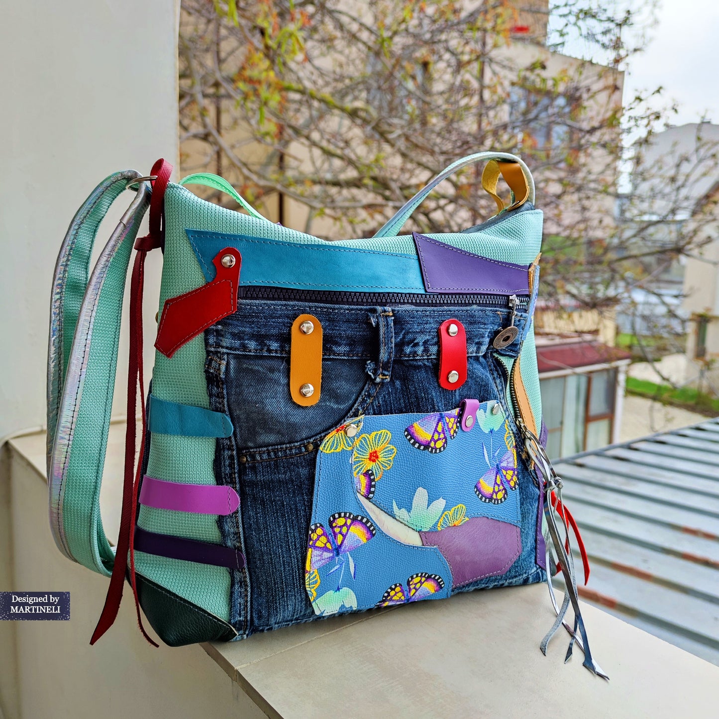 Colorful Leather Shoulder Bag Green Canvas Crossbody Bag Large Boho Floral Bag