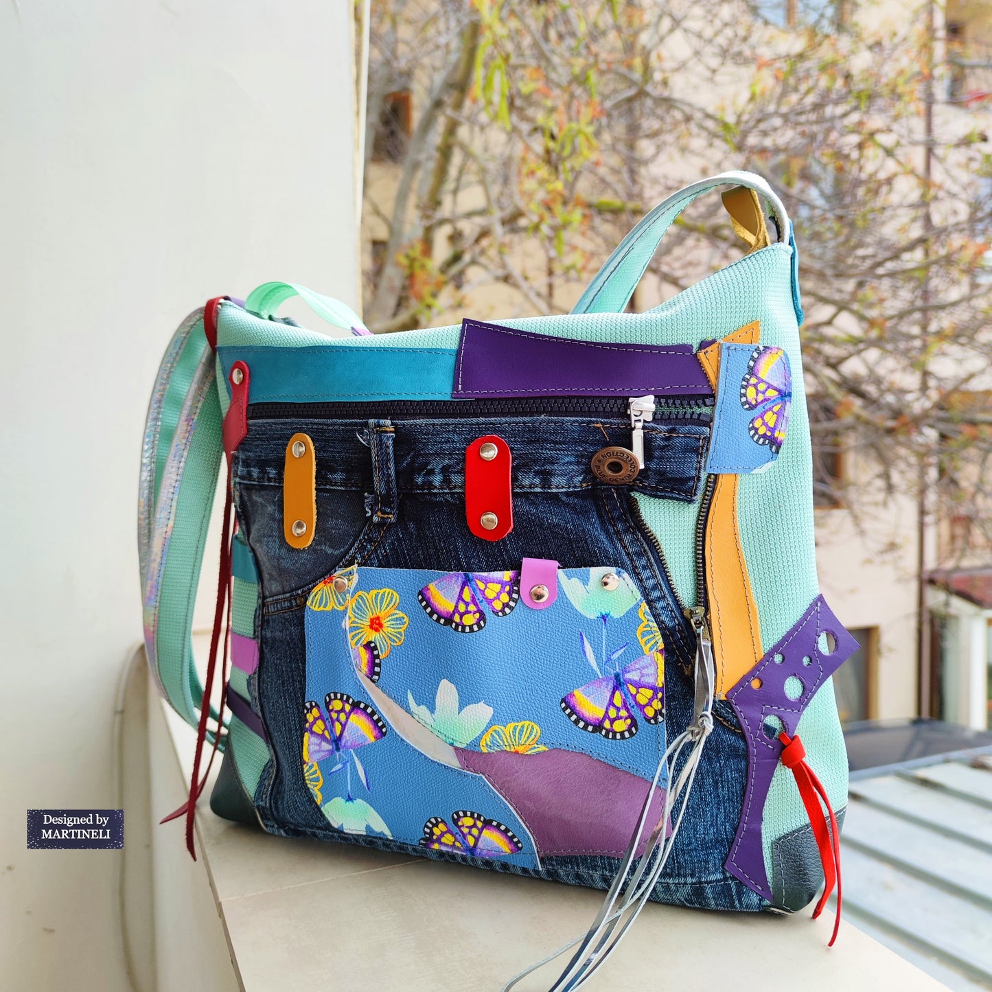 Colorful Leather Shoulder Bag Green Canvas Crossbody Bag Large Boho Floral Bag