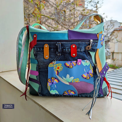 Colorful Leather Shoulder Bag Green Canvas Crossbody Bag Large Boho Floral Bag