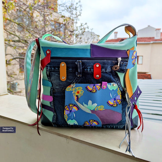Colorful Leather Shoulder Bag Green Canvas Crossbody Bag Large Boho Floral Bag