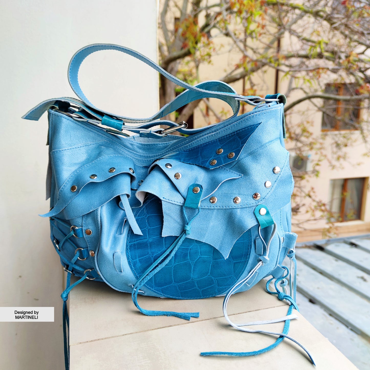 Turquoise Leather Shoulder Bag Luxury Large Bag Grunge Style Purse Bag