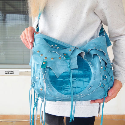Turquoise Leather Shoulder Bag Luxury Large Bag Grunge Style Purse Bag