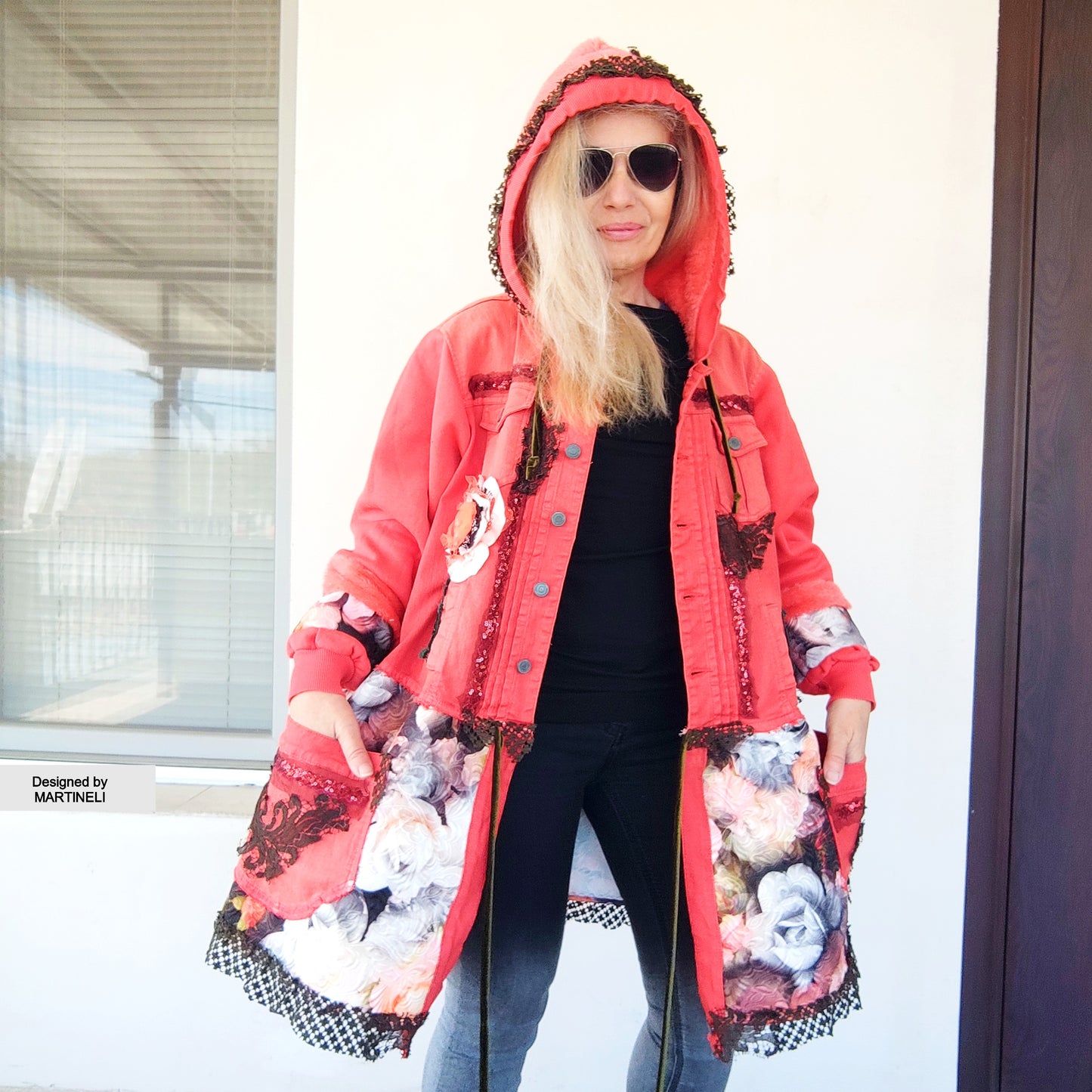 Pink Hooded Denim Jacket, XL Coral Pink Floral Duster Jacket