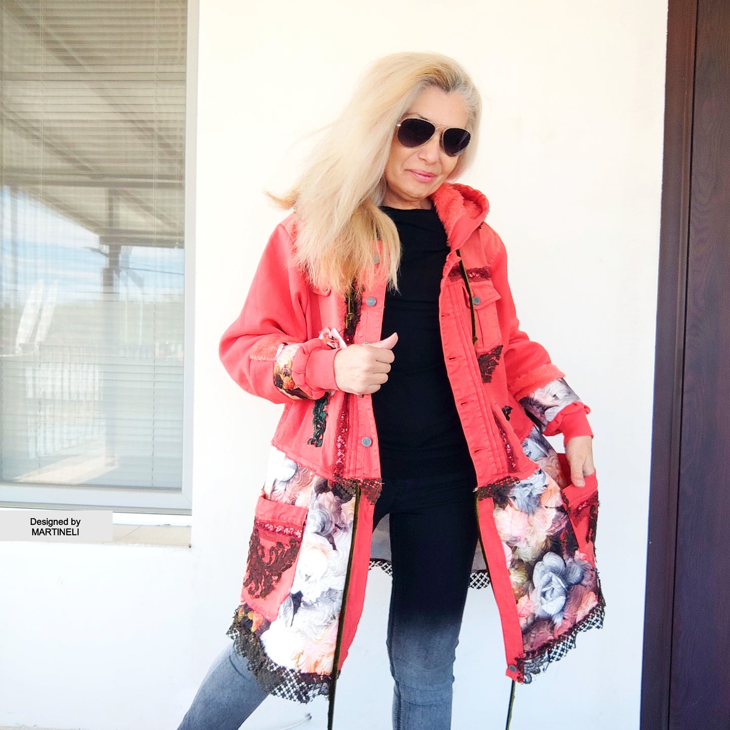 Pink Hooded Denim Jacket, XL Coral Pink Floral Duster Jacket