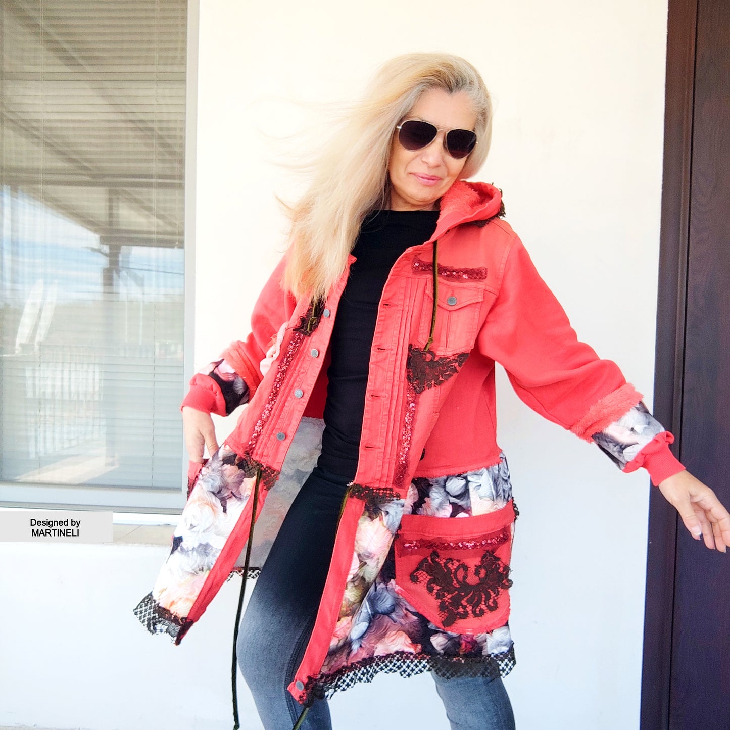 Pink Hooded Denim Jacket, XL Coral Pink Floral Duster Jacket