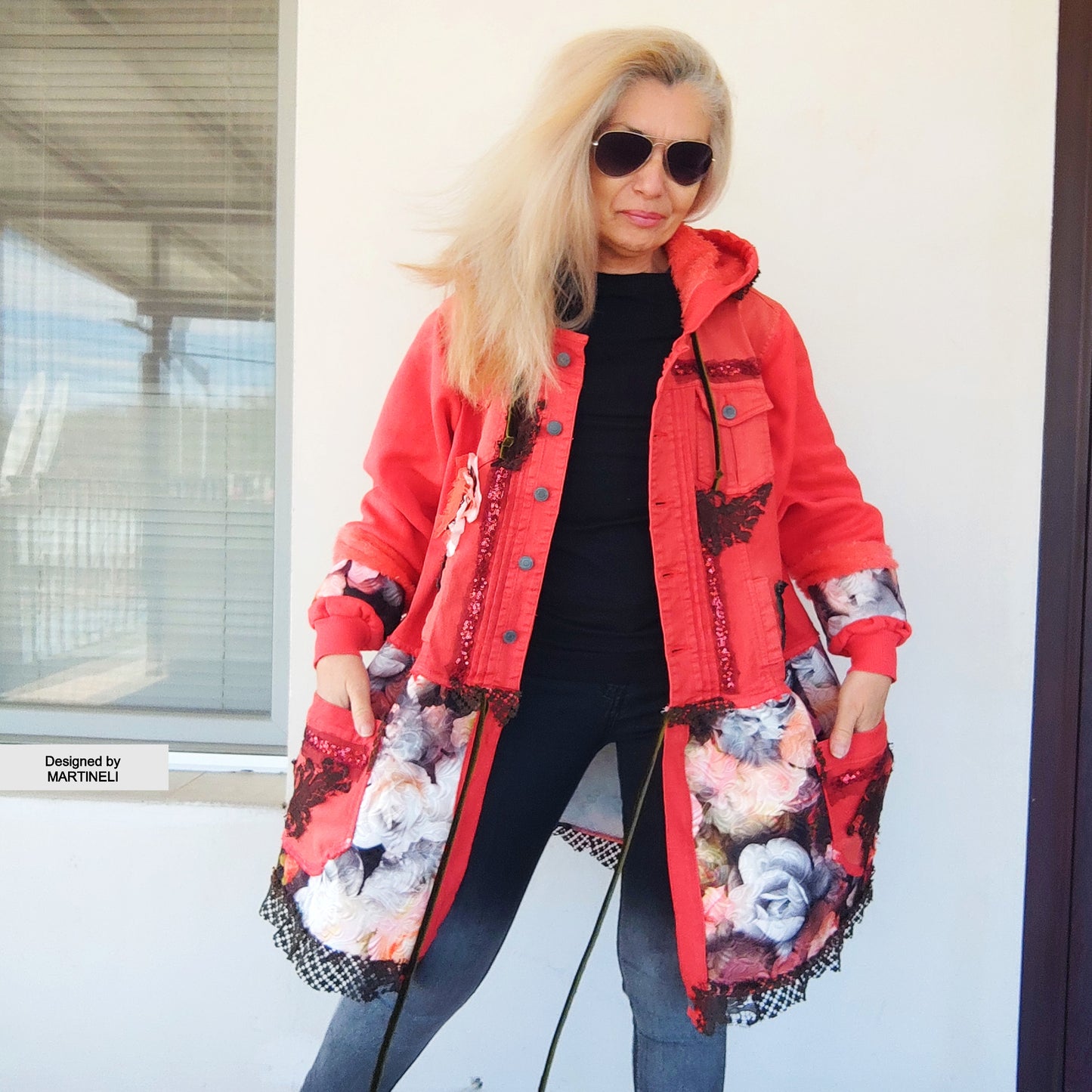 Pink Hooded Denim Jacket, XL Coral Pink Floral Duster Jacket