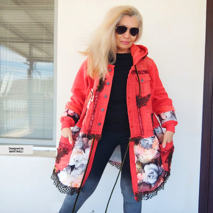 Pink Hooded Denim Jacket, XL Coral Pink Floral Duster Jacket