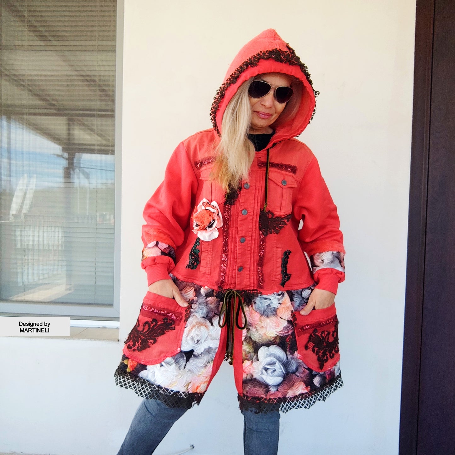 Pink Hooded Denim Jacket, XL Coral Pink Floral Duster Jacket