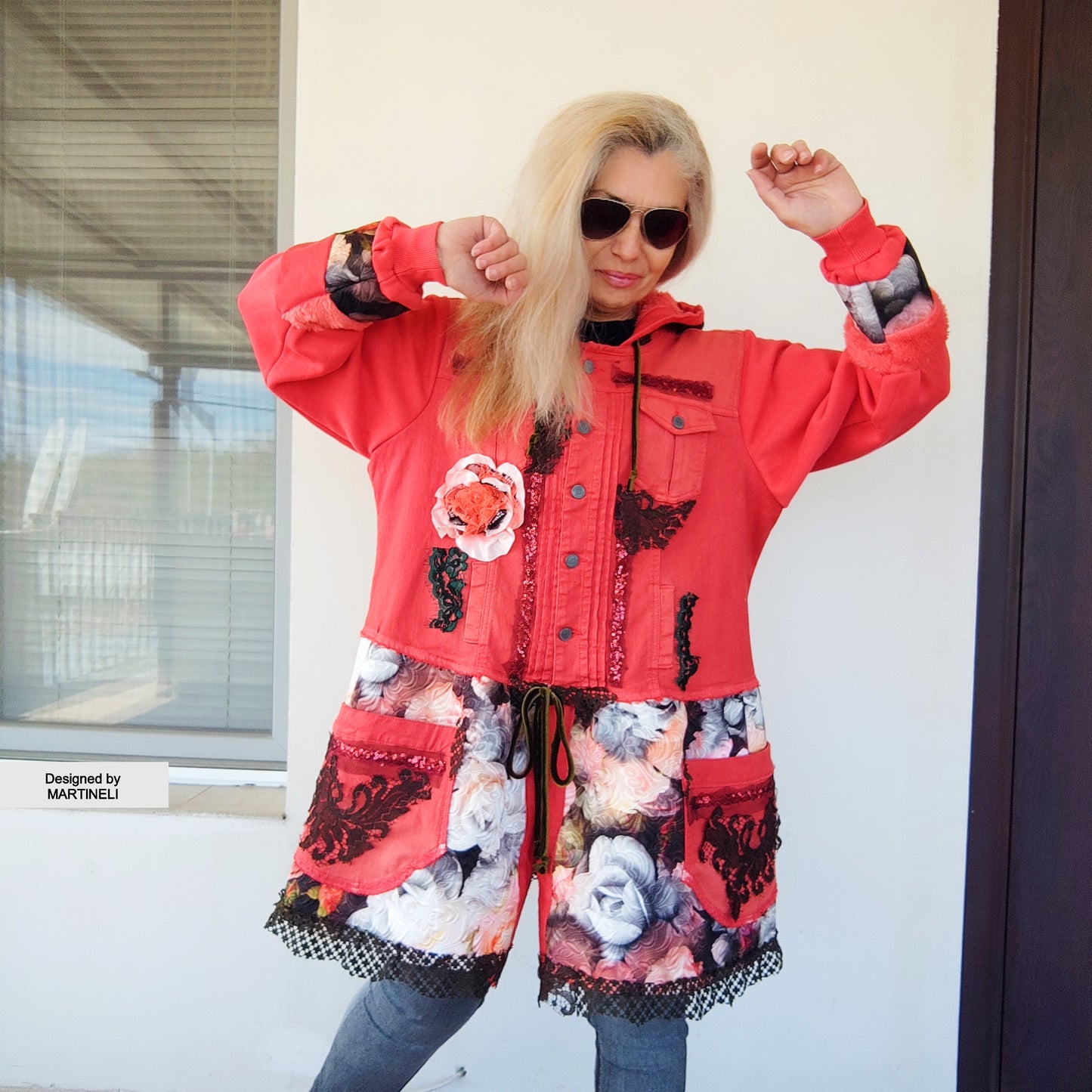 Pink Hooded Denim Jacket, XL Coral Pink Floral Duster Jacket