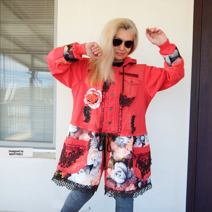 Pink Hooded Denim Jacket, XL Coral Pink Floral Duster Jacket
