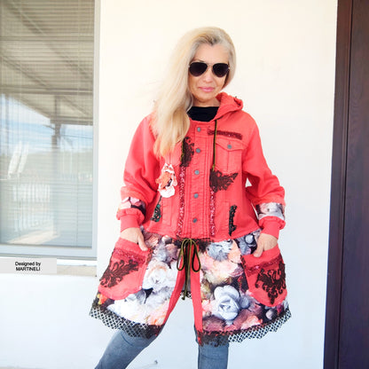 Pink Hooded Denim Jacket, XL Coral Pink Floral Duster Jacket