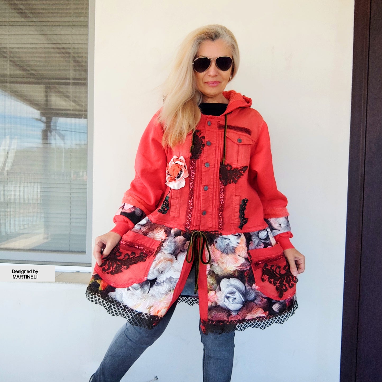 Pink Hooded Denim Jacket, XL Coral Pink Floral Duster Jacket