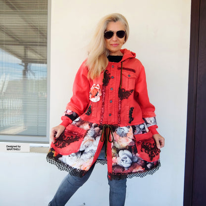 Pink Hooded Denim Jacket, XL Coral Pink Floral Duster Jacket
