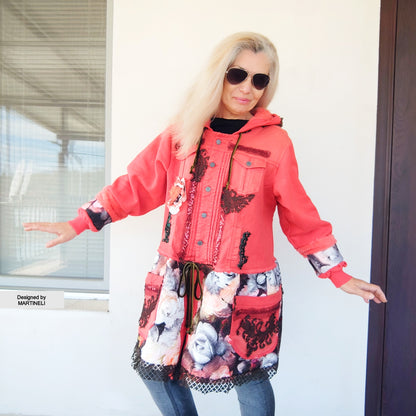 Pink Hooded Denim Jacket, XL Coral Pink Floral Duster Jacket
