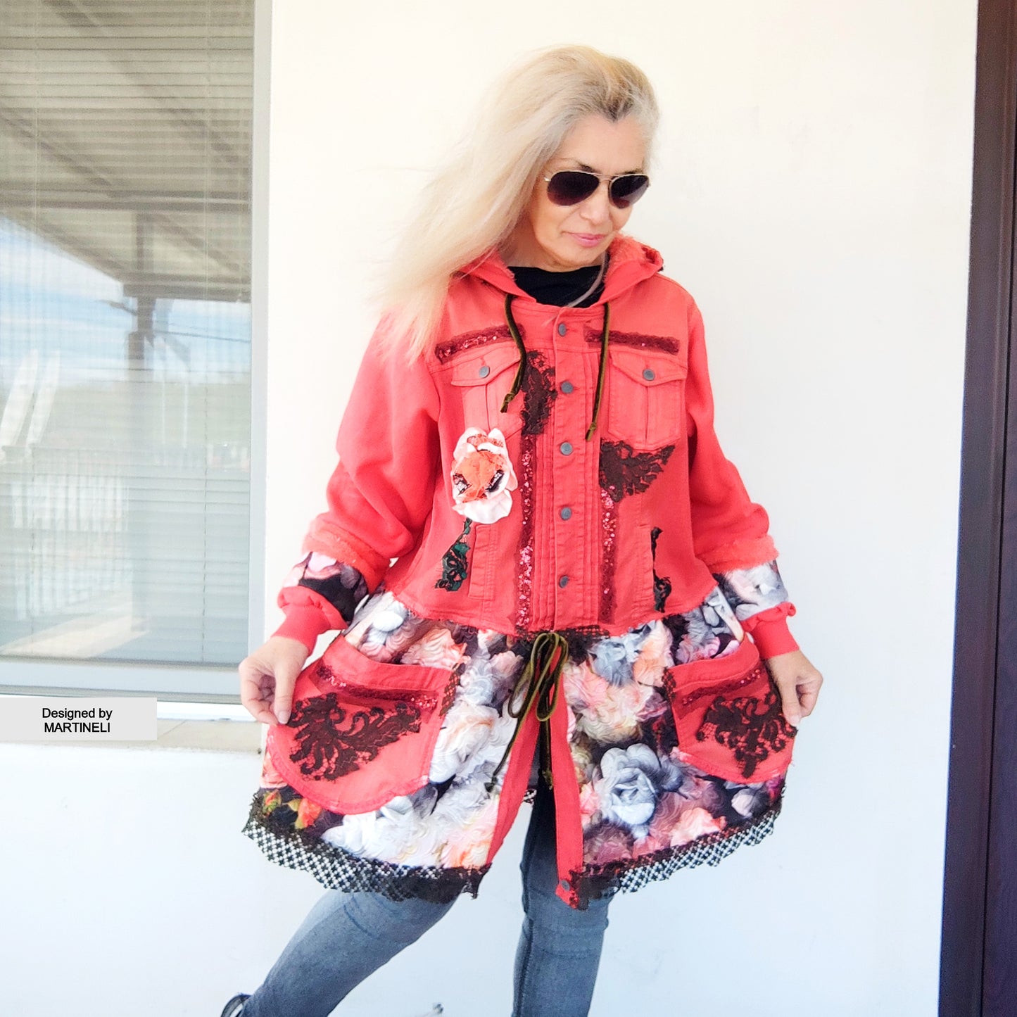 Pink Hooded Denim Jacket, XL Coral Pink Floral Duster Jacket