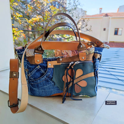 Beige Leather Shoulder Bag Boho Floral Handbag Large Denim Crossbody Bag