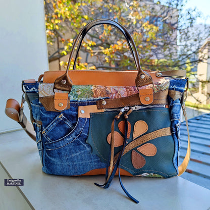 Beige Leather Shoulder Bag Boho Floral Handbag Large Denim Crossbody Bag