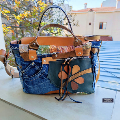 Beige Leather Shoulder Bag Boho Floral Handbag Large Denim Crossbody Bag