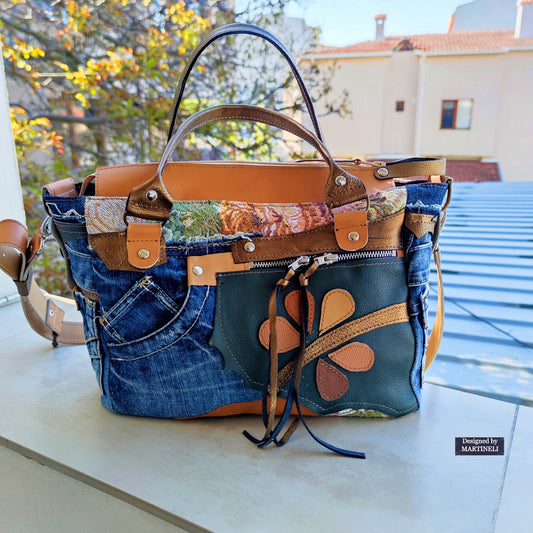 Beige Leather Shoulder Bag Boho Floral Handbag Large Denim Crossbody Bag