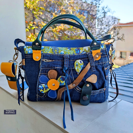 Blue Leather Shoulder Bag Large Floral Handbag Luxury Denim Bag