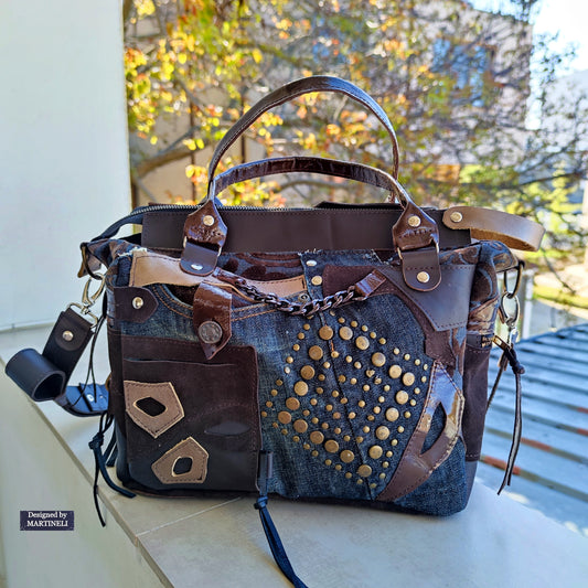 Brown Leather Shoulder Bag Floral Hand Bag Luxury Denim Purse Bag