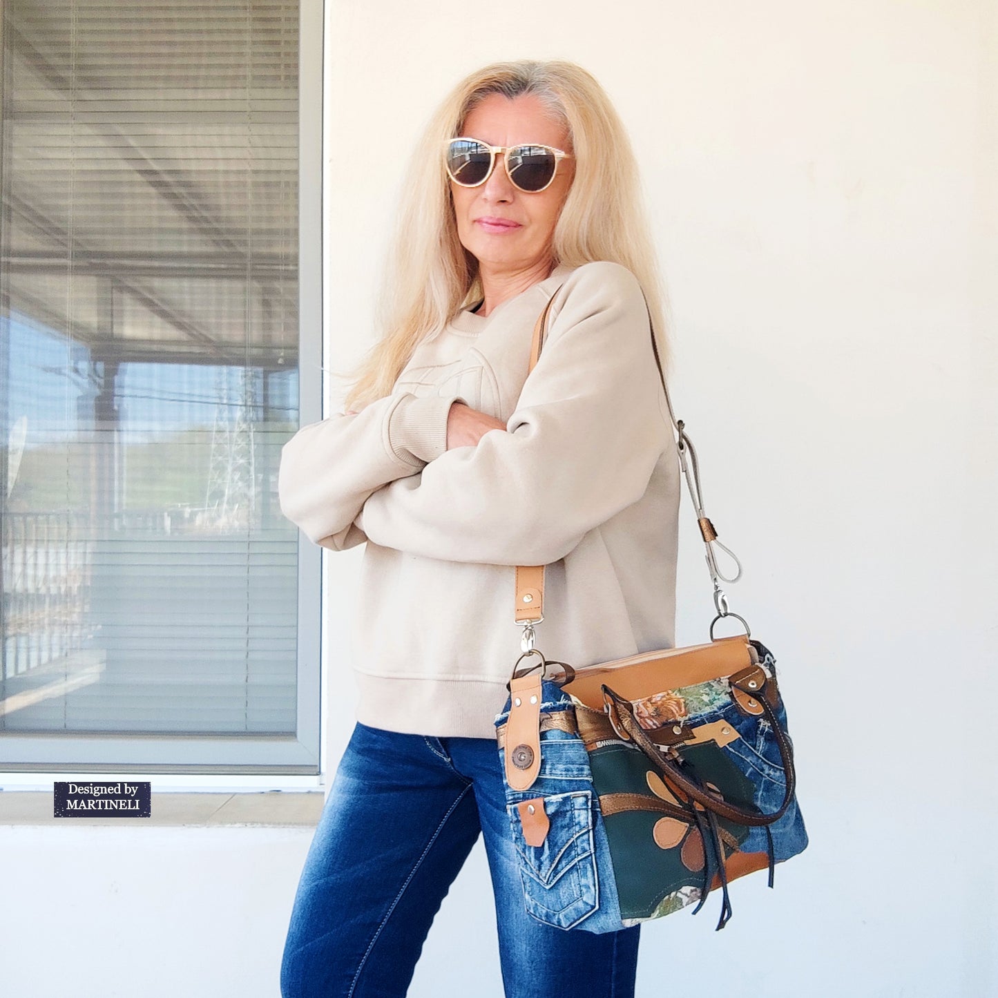 Beige Leather Shoulder Bag Boho Floral Handbag Large Denim Crossbody Bag