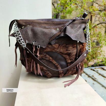 Brown Leather Shoulder Bag Luxury Hair-On Leather Bag Stylish Bag Women