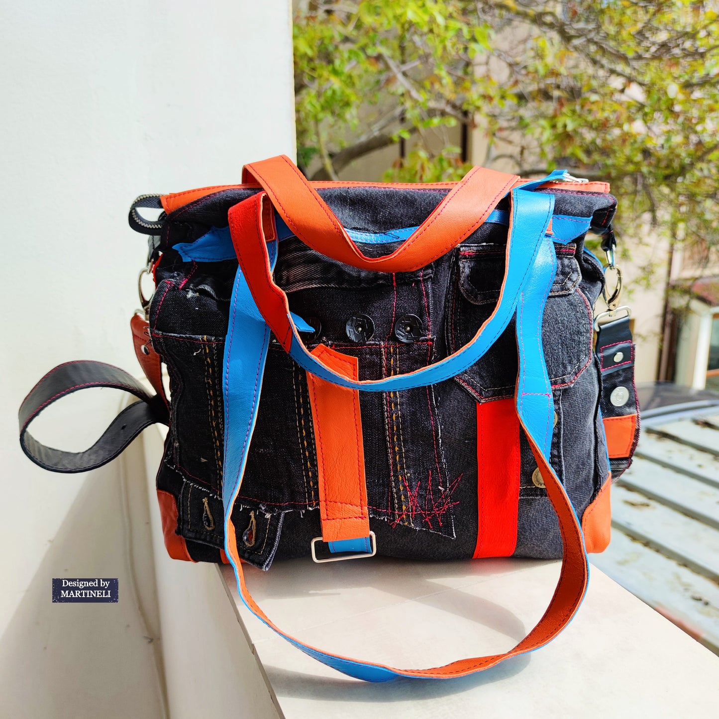 Colorful Denim and Leather Shoulder Bag-Italian Leather Tote Bag,Artsy Jean Crossbody Purse Bag Soft Leather Hand Bag Distressed Denim Patchwork