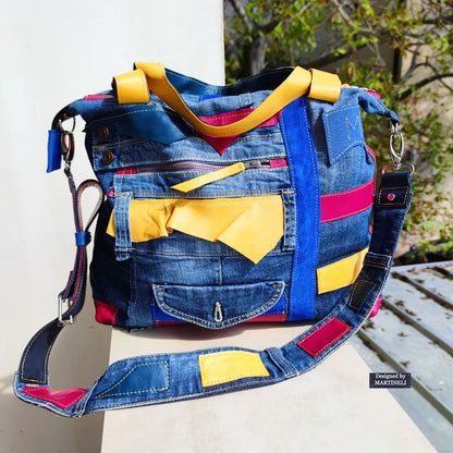 Boho Denim&Leather Shoulder Bag High End Italian Leather Tote Bag-Colorful Artsy Crossbody Purse,Big Soft Leather Distressed Denim Handbag