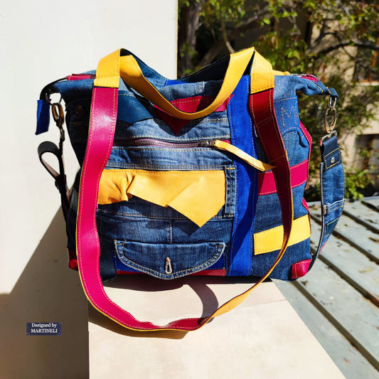 Boho Denim&Leather Shoulder Bag High End Italian Leather Tote Bag-Colorful Artsy Crossbody Purse,Big Soft Leather Distressed Denim Handbag
