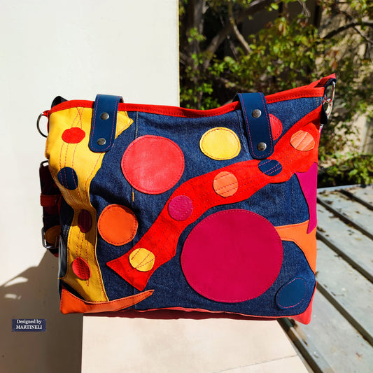 Colorful Leather Tote Bag-Soft Leather and Denim Crossbody Purse Bag,Large Jean Bag Artsy Convertible Bag For Women Hippie Bag Boho Tote Bag
