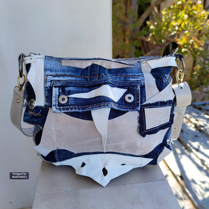 White Italian Leather & Denim Cross Body Bag,Large Leather Shoulder Purse Bag