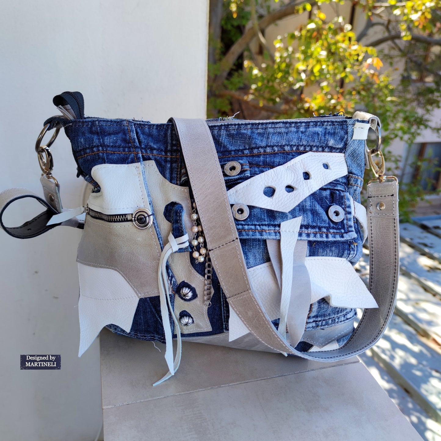 White Italian Leather & Denim Cross Body Bag,Large Leather Shoulder Purse Bag