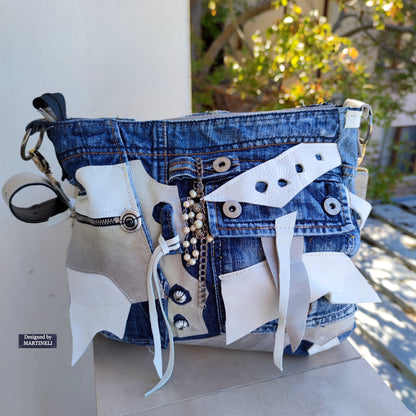 White Italian Leather & Denim Cross Body Bag,Large Leather Shoulder Purse Bag