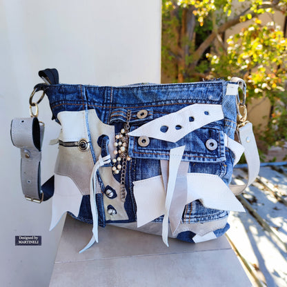 White Italian Leather & Denim Cross Body Bag,Large Leather Shoulder Purse Bag