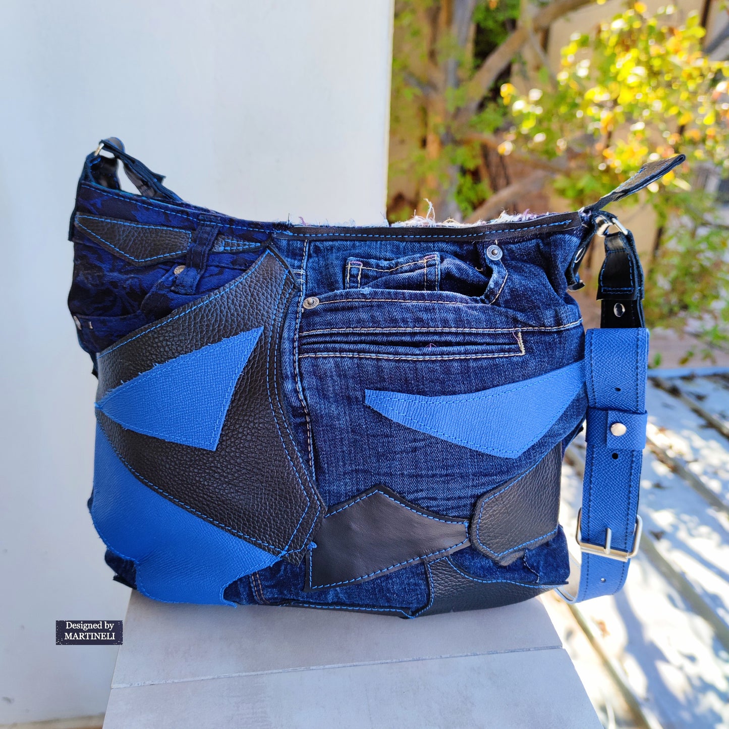 Blue Italian Leather Shoulder Bag,Large Denim Crossbody Purse Bag