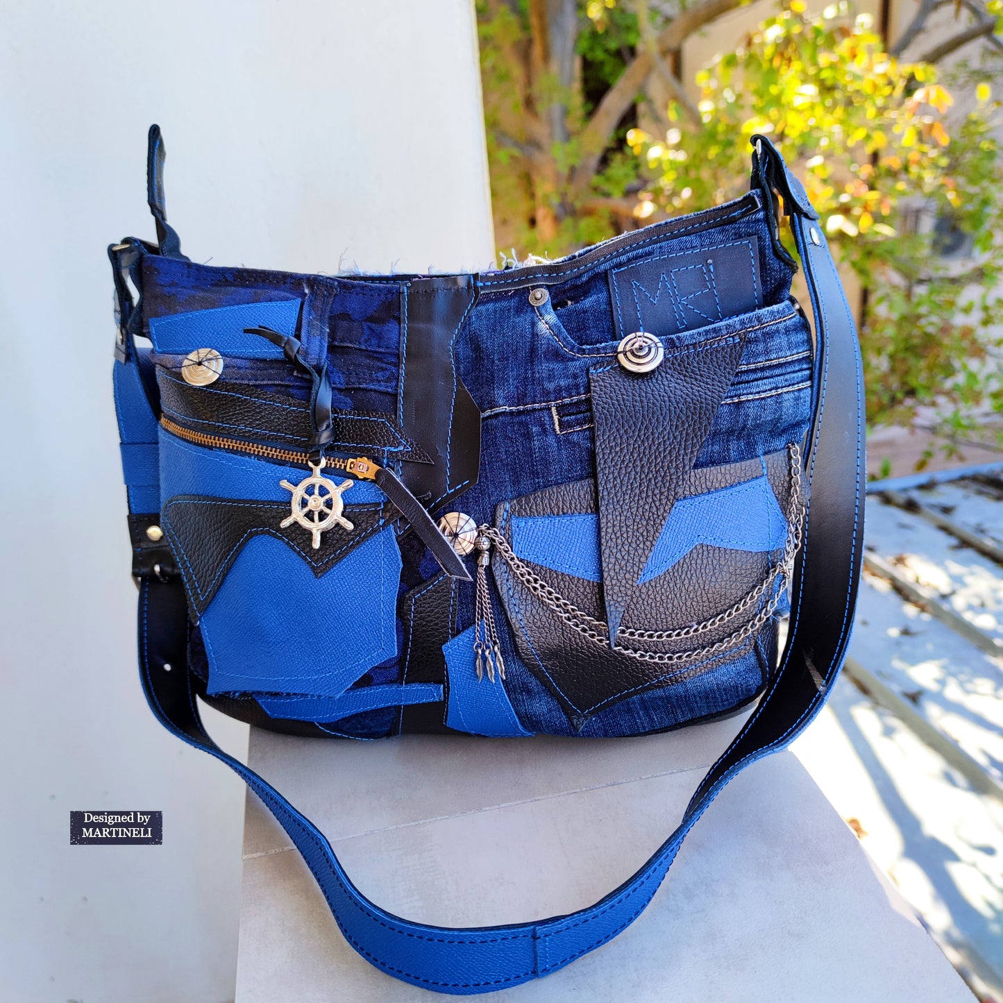 Blue Italian Leather Shoulder Bag,Large Denim Crossbody Purse Bag