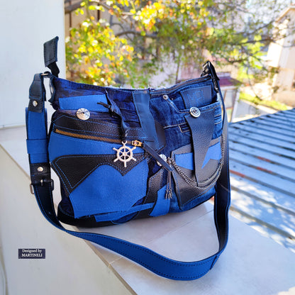 Blue Italian Leather Shoulder Bag,Large Denim Crossbody Purse Bag
