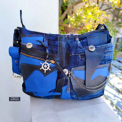 Blue Italian Leather Shoulder Bag,Large Denim Crossbody Purse Bag