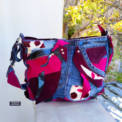 Pink Leather Crossbody Bag, Italian Leather and Denim Shoulder Purse Bag