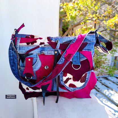 Pink Leather Crossbody Bag, Italian Leather and Denim Shoulder Purse Bag