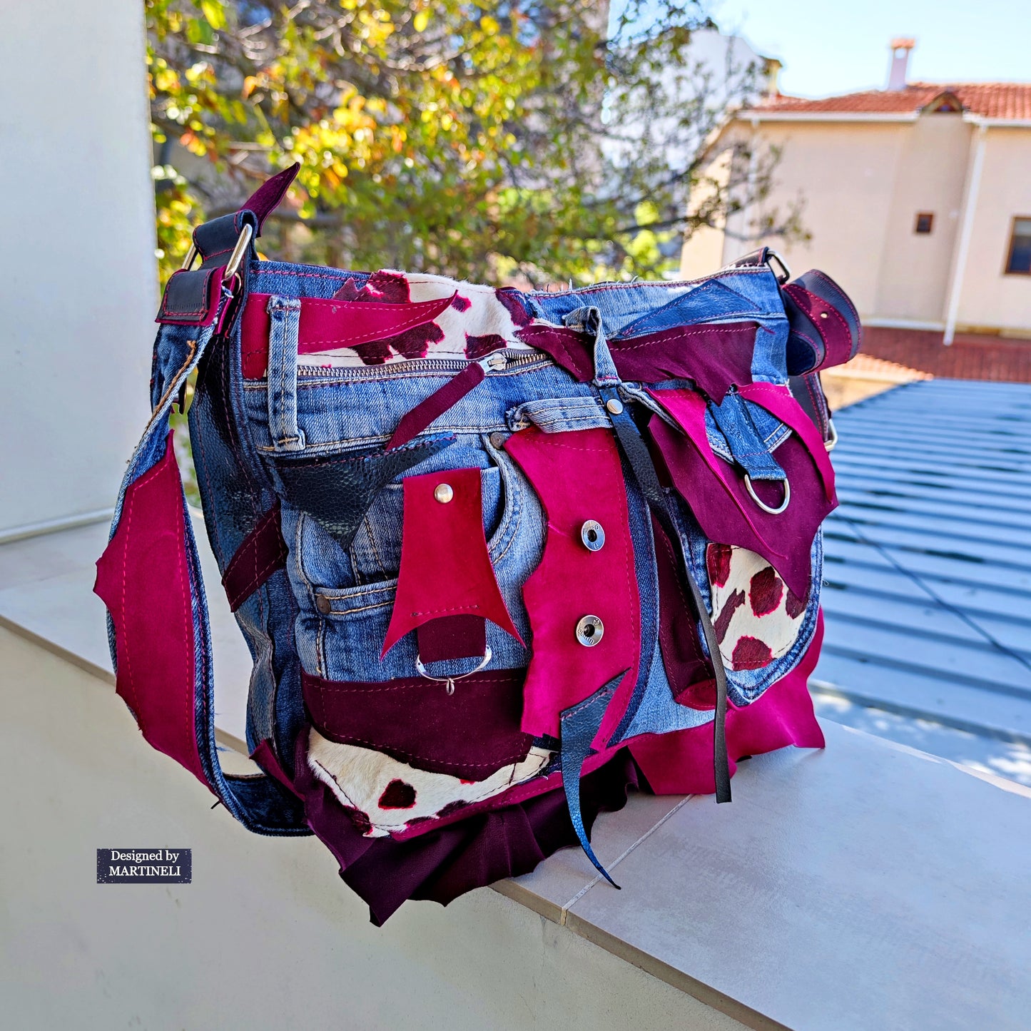 Pink Leather Crossbody Bag, Italian Leather and Denim Shoulder Purse Bag