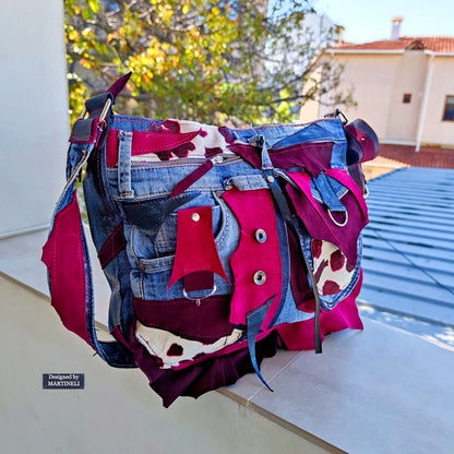 Pink Leather Crossbody Bag, Italian Leather and Denim Shoulder Purse Bag