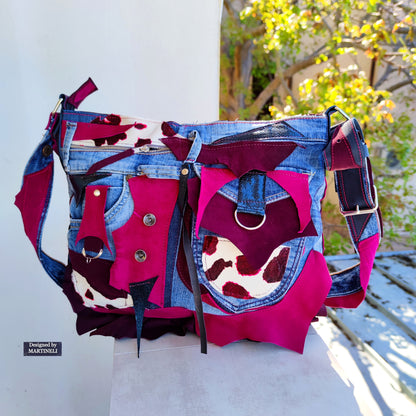 Pink Leather Crossbody Bag, Italian Leather and Denim Shoulder Purse Bag