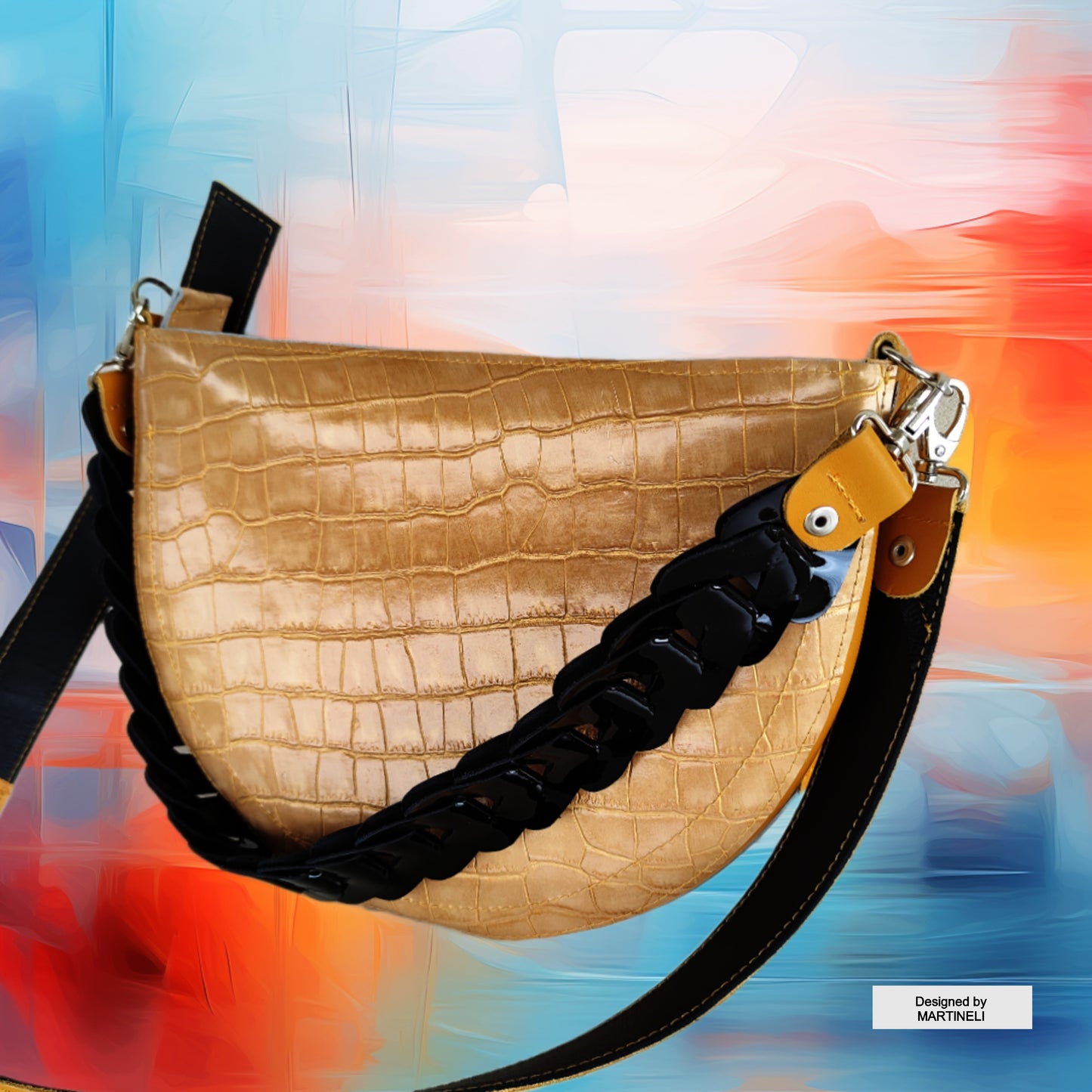 Croco Print Leather Crossbody Bag: Mustard Yellow Italian Leather Purse