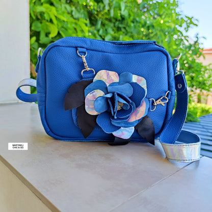 BLUE MINI LEATHER SHOULDER BAG FLORAL CROSSBODY BAG