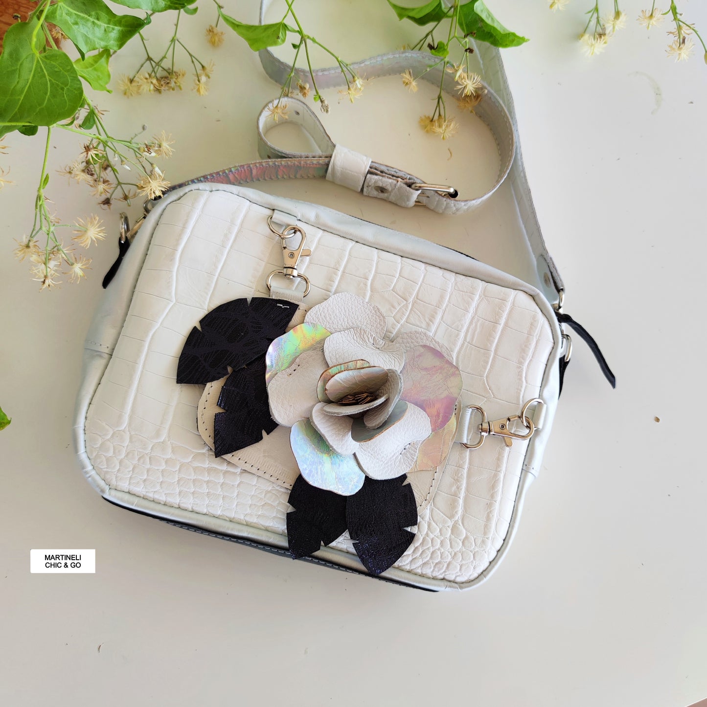 BLUE MINI LEATHER SHOULDER BAG , EVERYDAY FLORAL CROSSBODY BAG