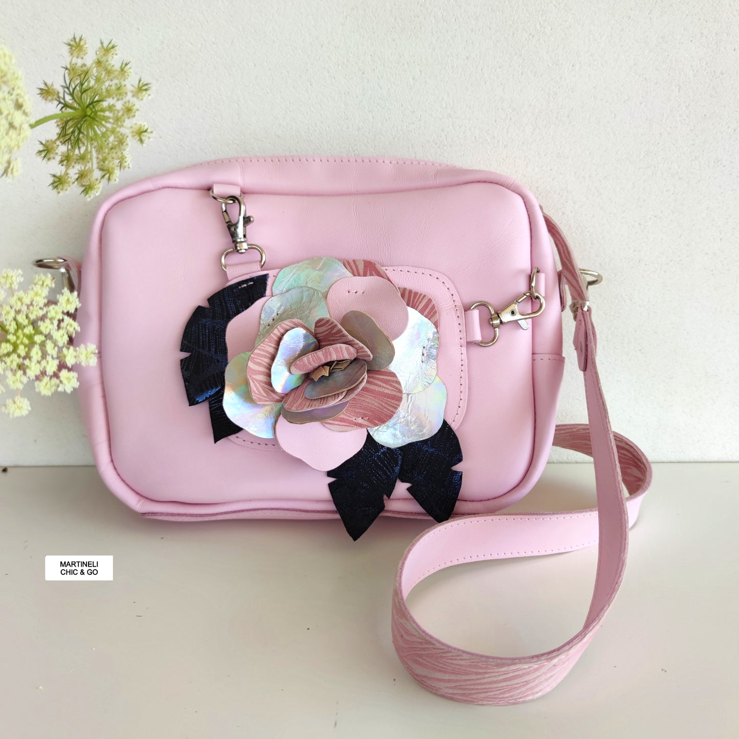 BLUE MINI LEATHER SHOULDER BAG , EVERYDAY FLORAL CROSSBODY BAG