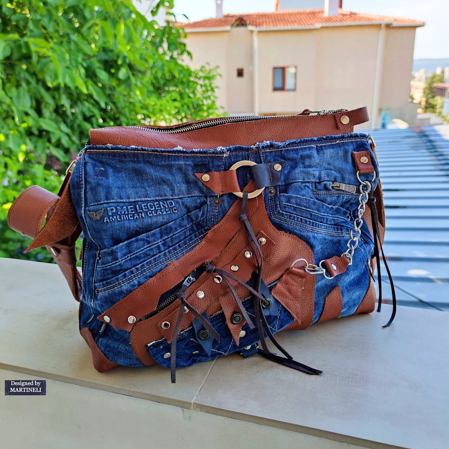 Upcycled Denim Crossbody Bag-Handmade Boho Jean Purse with Leather Straps-Recycled Jeans Shoulder Purse-Eco Friendly Festival Bag-Western