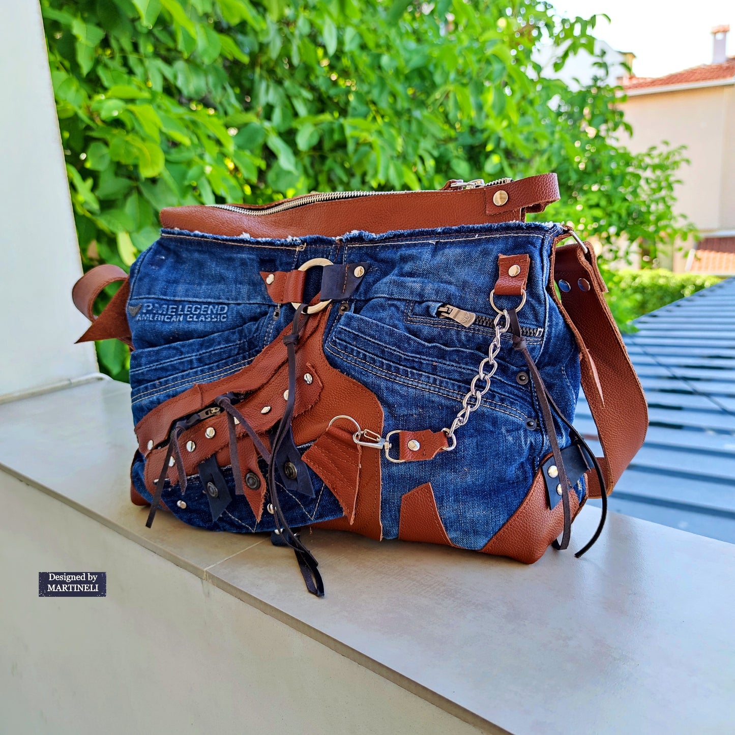 Upcycled Denim Crossbody Bag-Handmade Boho Jean Purse with Leather Straps-Recycled Jeans Shoulder Purse-Eco Friendly Festival Bag-Western